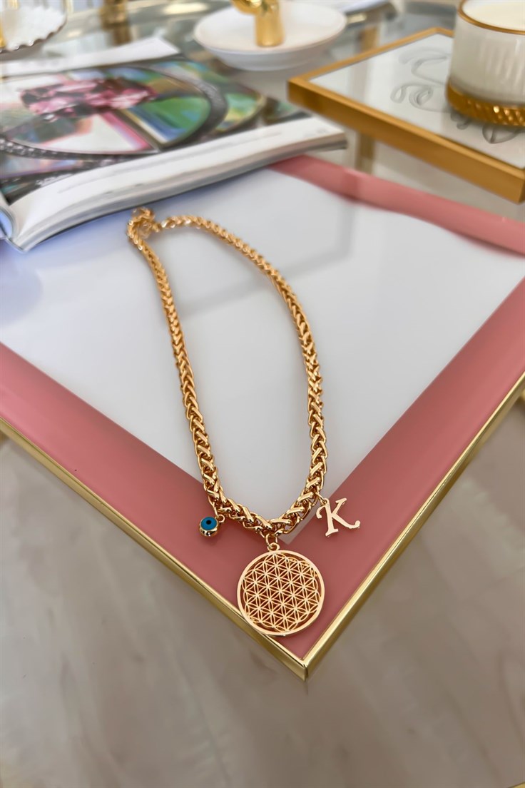 Kalın Örgü Zincir Model K Harf ve Nazar Sallantılı Yaşam Çiçeği Kolye Gold