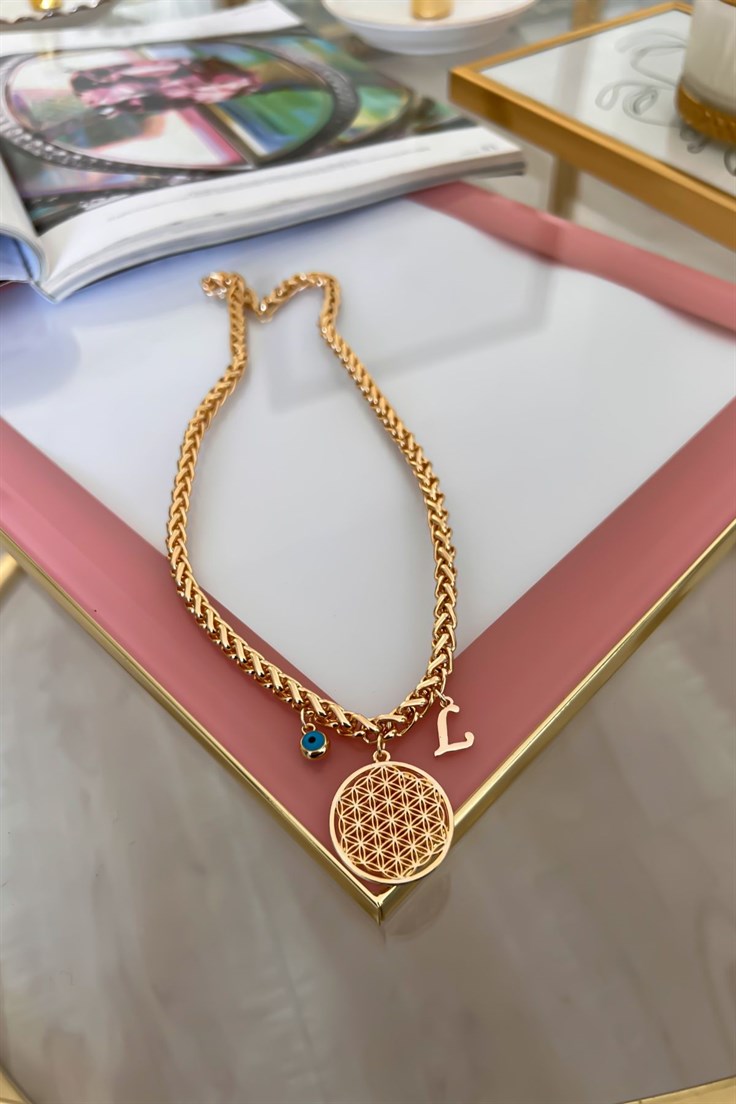 Kalın Örgü Zincir Model L Harf ve Nazar Sallantılı Yaşam Çiçeği Kolye Gold
