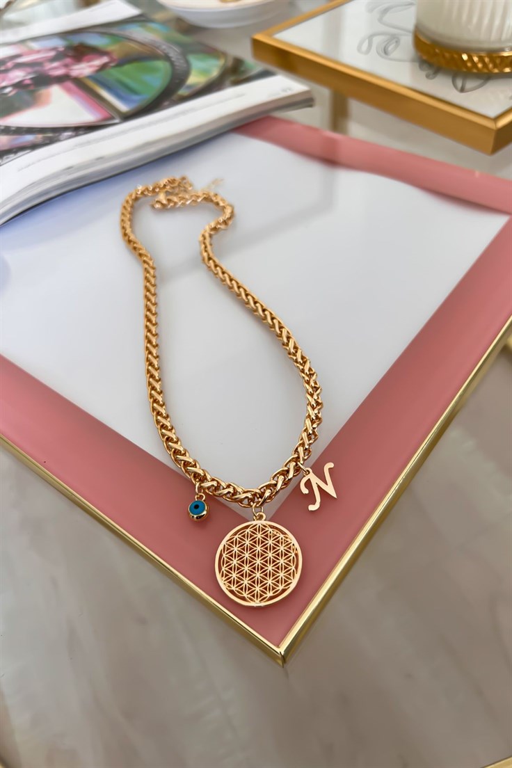 Kalın Örgü Zincir Model N Harf ve Nazar Sallantılı Yaşam Çiçeği Kolye Gold