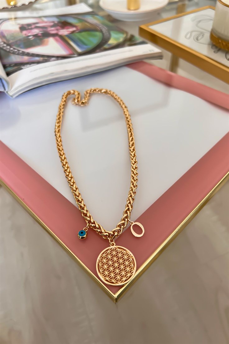 Kalın Örgü Zincir Model O Harf ve Nazar Sallantılı Yaşam Çiçeği Kolye Gold