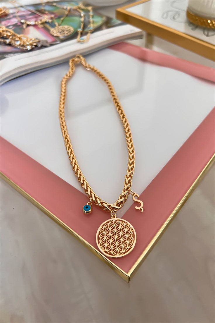 Kalın Örgü Zincir Model Ş Harf ve Nazar Sallantılı Yaşam Çiçeği Kolye Gold