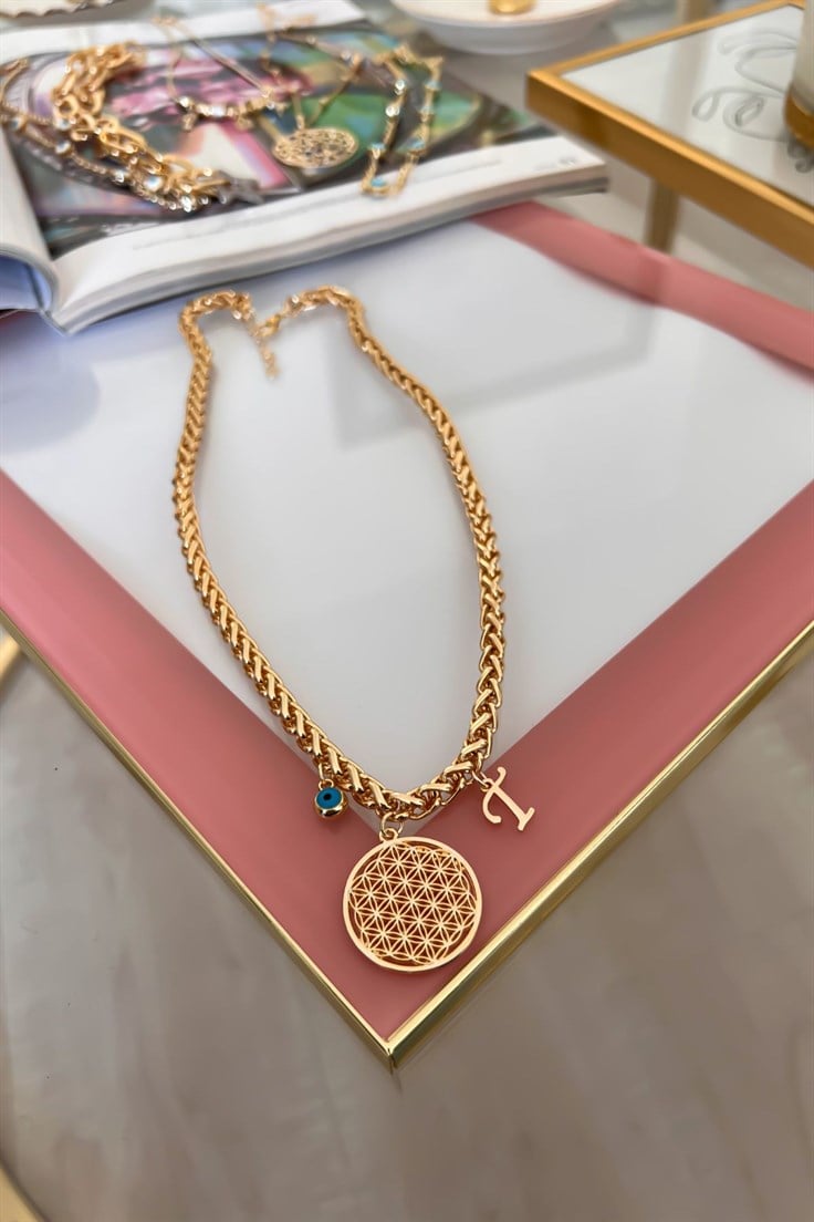 Kalın Örgü Zincir Model T Harf ve Nazar Sallantılı Yaşam Çiçeği Kolye Gold