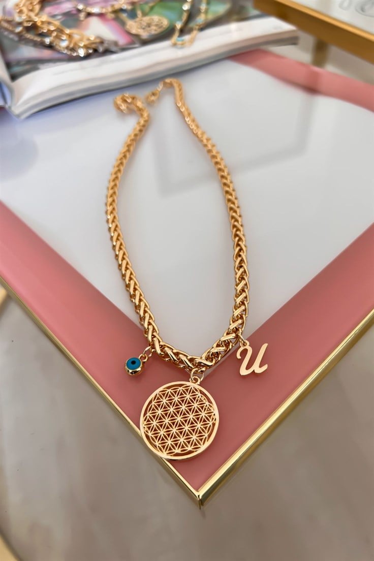 Kalın Örgü Zincir Model U Harf ve Nazar Sallantılı Yaşam Çiçeği Kolye Gold