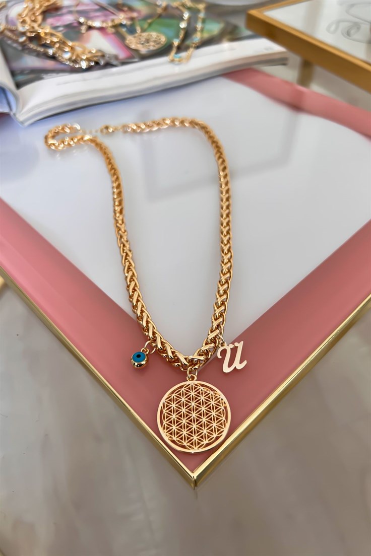 Kalın Örgü Zincir Model Ü Harf ve Nazar Sallantılı Yaşam Çiçeği Kolye Gold