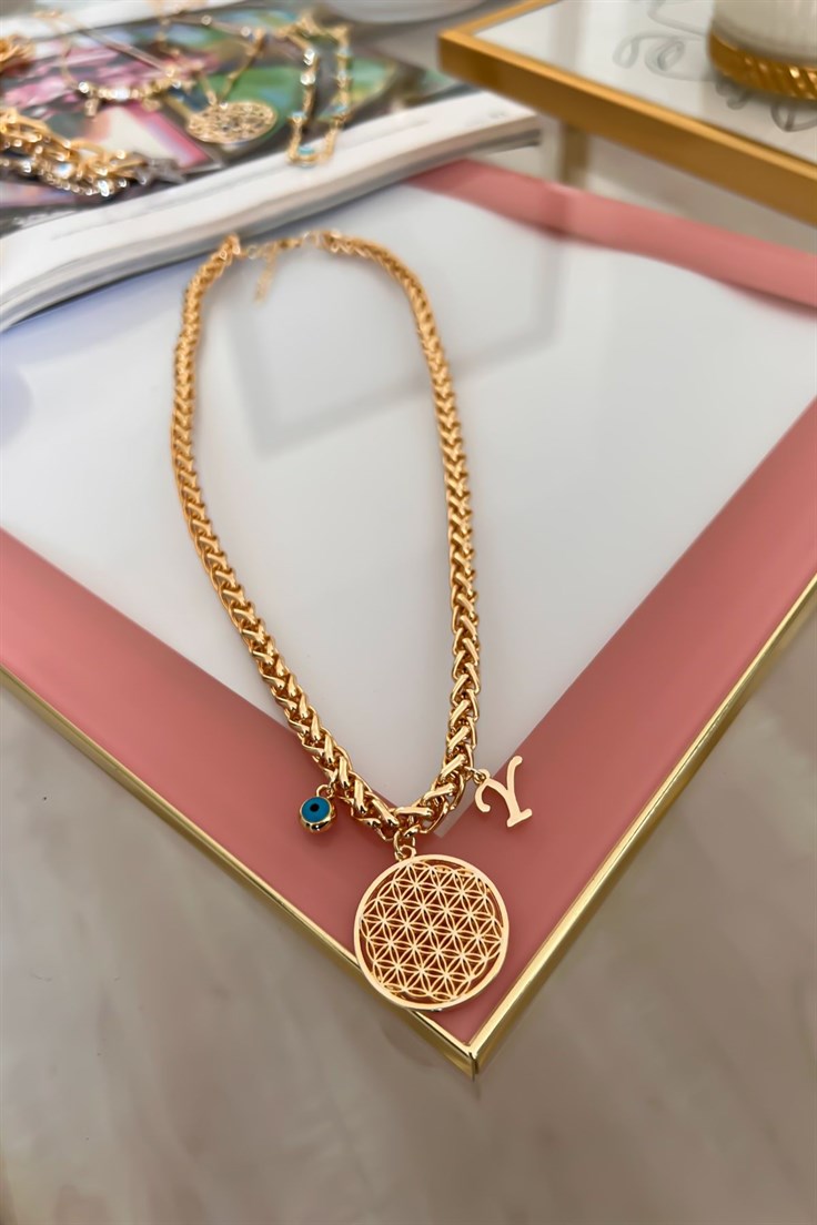 Kalın Örgü Zincir Model Y Harf ve Nazar Sallantılı Yaşam Çiçeği Kolye Gold