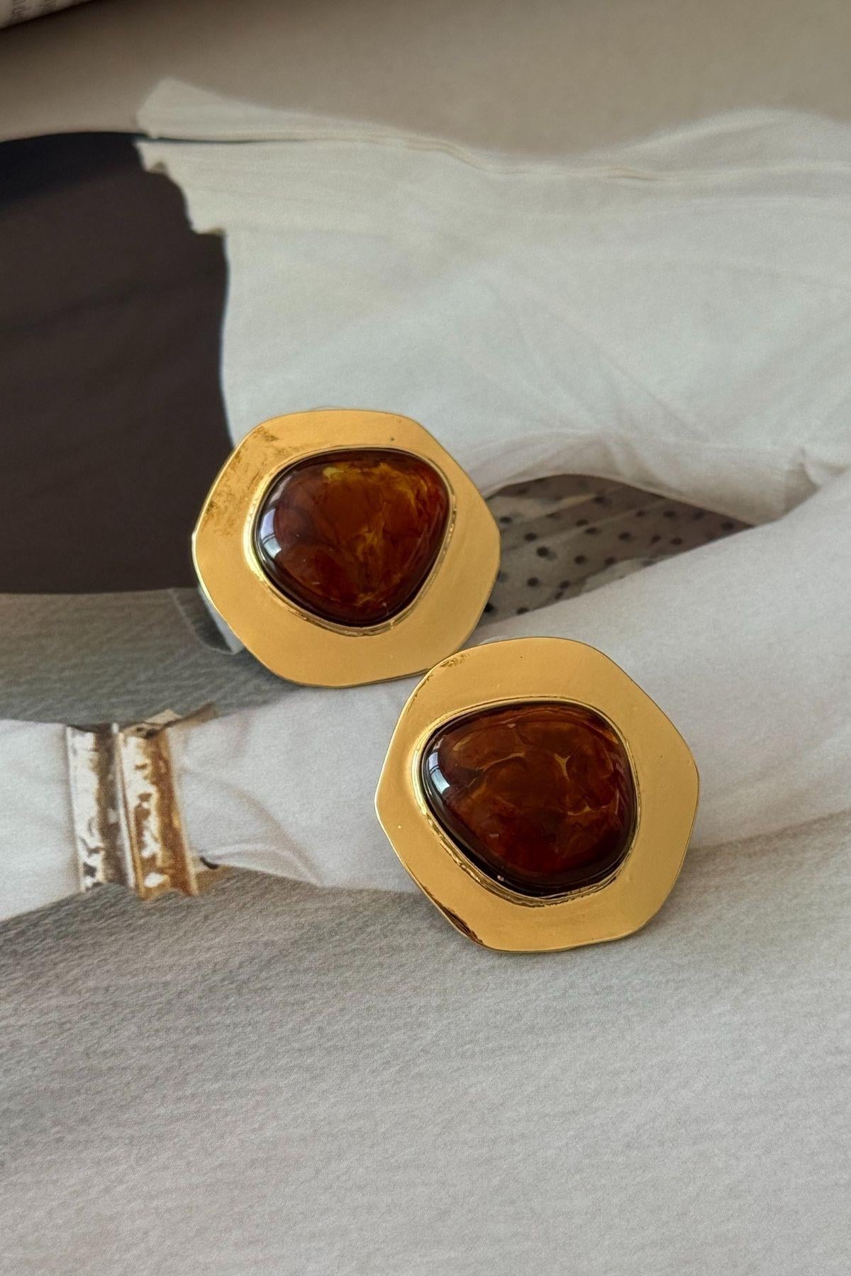 Kehribar Renkli Gold Plaka Küpe