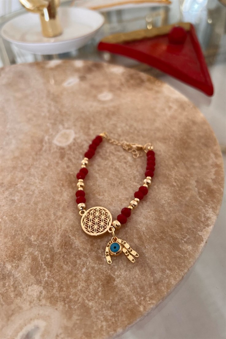 Kırmızı Kristal Boncuklu Yaşam Çiçeği Bileklik Gold