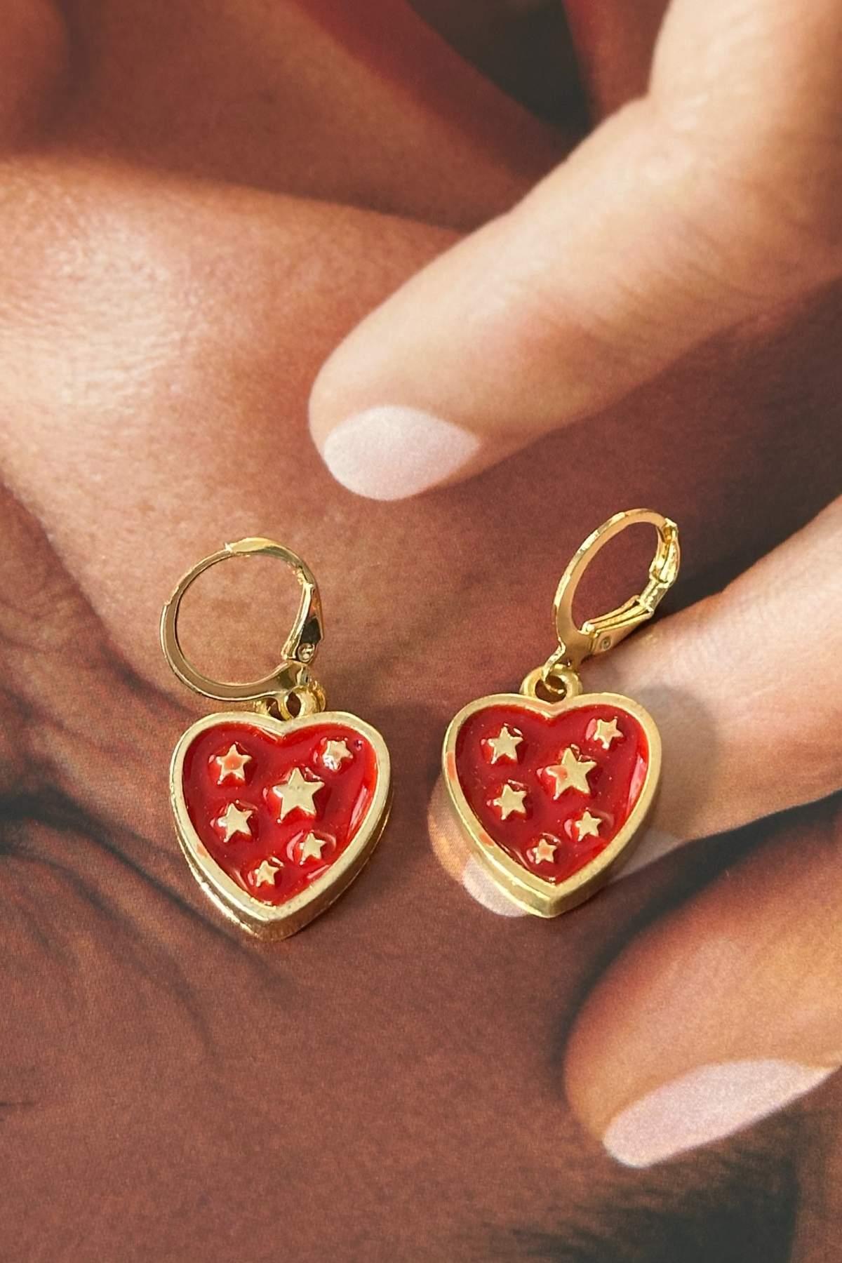 Kırmızı Mineli Kalp Küpe