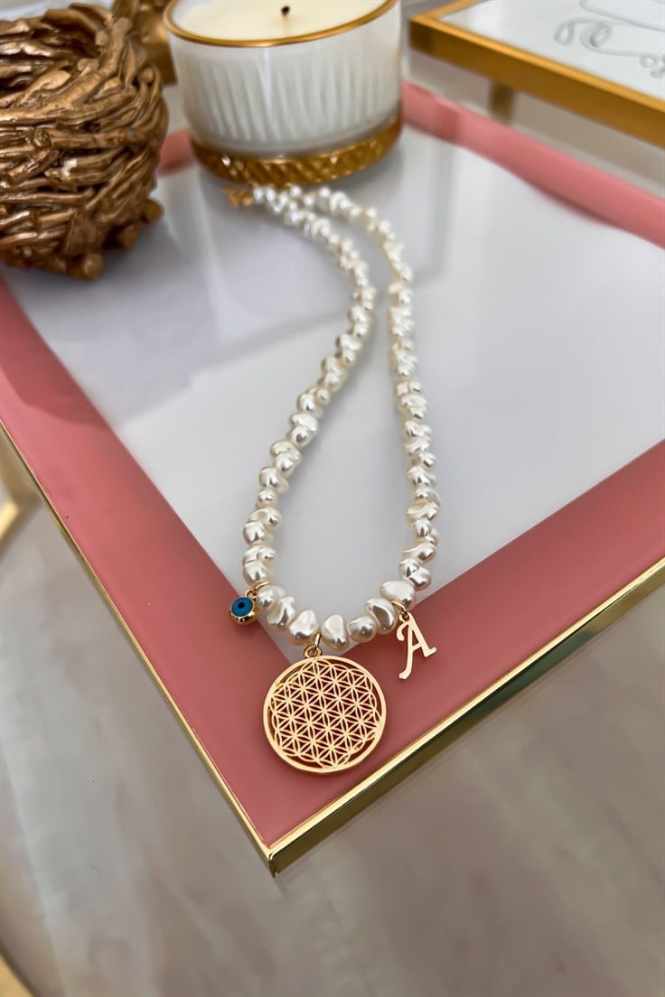 Kişiye Özel A Harfli ve Nazar Sallantılı İnci Sıralı Yaşam Çiçeği Kolye Gold