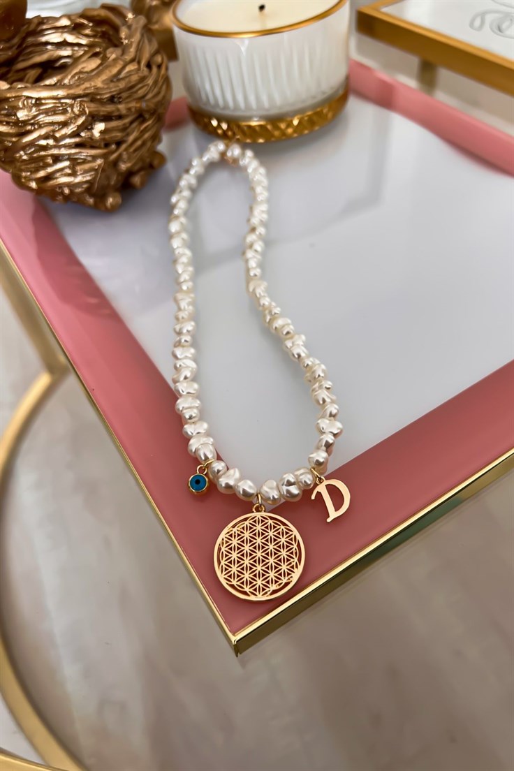Kişiye Özel D Harfli ve Nazar Sallantılı İnci Sıralı Yaşam Çiçeği Kolye Gold