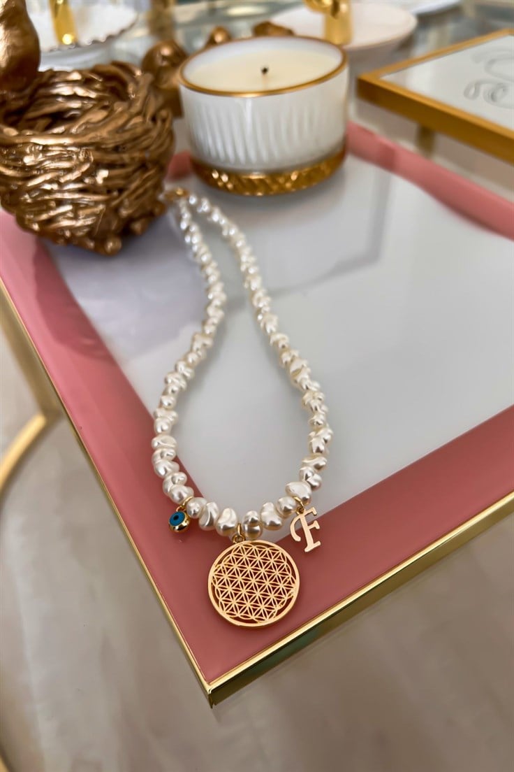 Kişiye Özel F Harfli ve Nazar Sallantılı İnci Sıralı Yaşam Çiçeği Kolye Gold