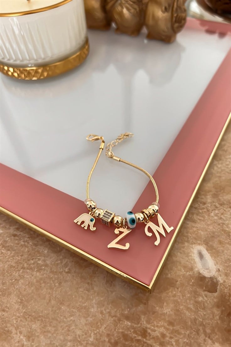 Kişiye Özel Harfleri Seçilebilir Beyaz Mineli Fil Figürlü Bileklik Gold