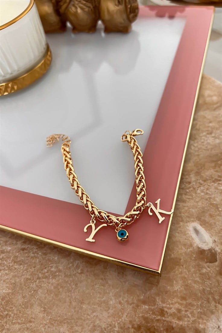 Kişiye Özel Harfleri Seçilebilir Kalın Örgü Model Bileklik Gold