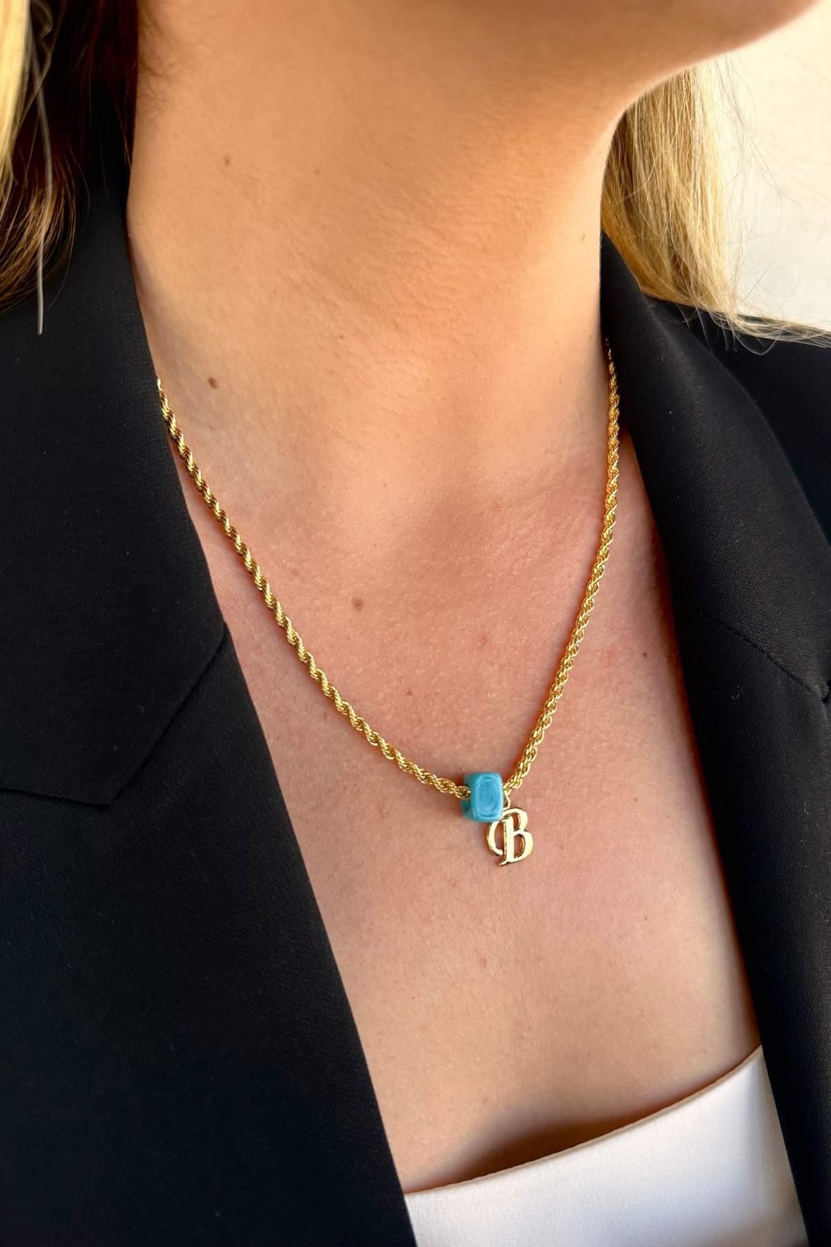 Kişiye Özel Harfli Altın Kaplama Nostalji Cam Boncuklu B Harf Burgu Zincir Kolye