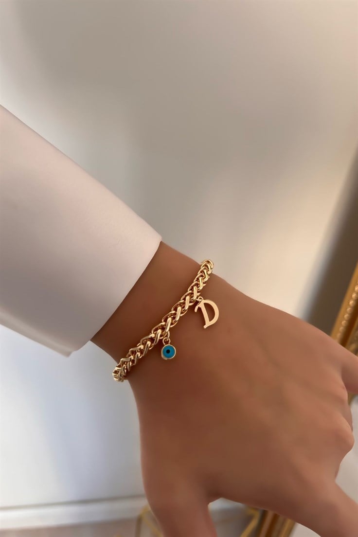 Kişiye Özel Kalın Zincir Model D harfli ve Nazarlı Bileklik Gold