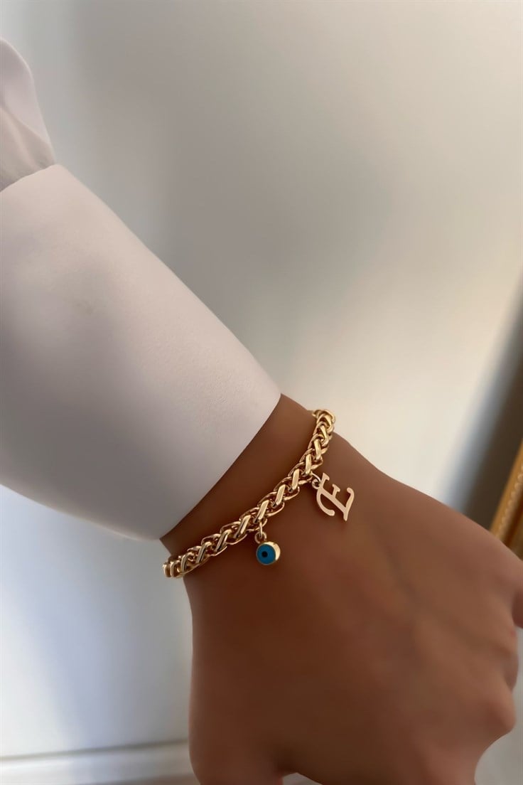 Kişiye Özel Kalın Zincir Model E harfli ve Nazarlı Bileklik Gold