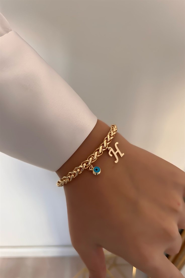 Kişiye Özel Kalın Zincir Model H harfli ve Nazarlı Bileklik Gold