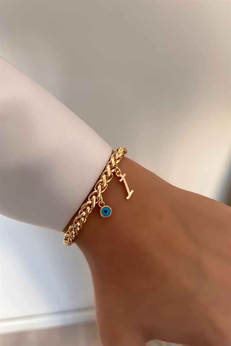 Kişiye Özel Kalın Zincir Model İ harfli ve Nazarlı Bileklik Gold