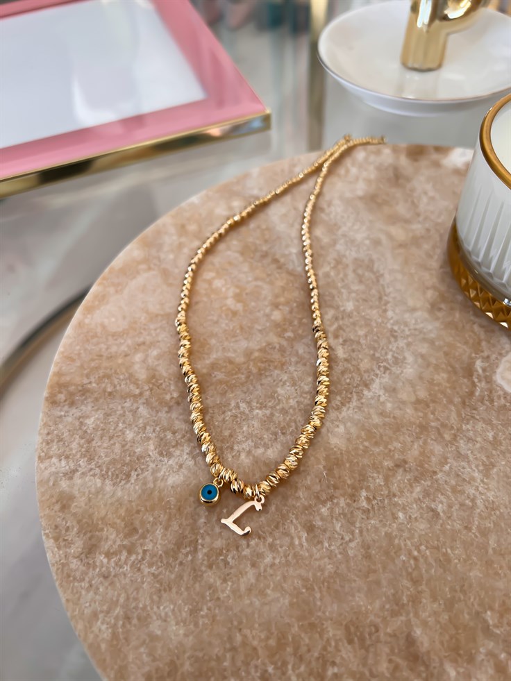 L Harfli ve Nazar Detaylı Dorika Kolye Gold