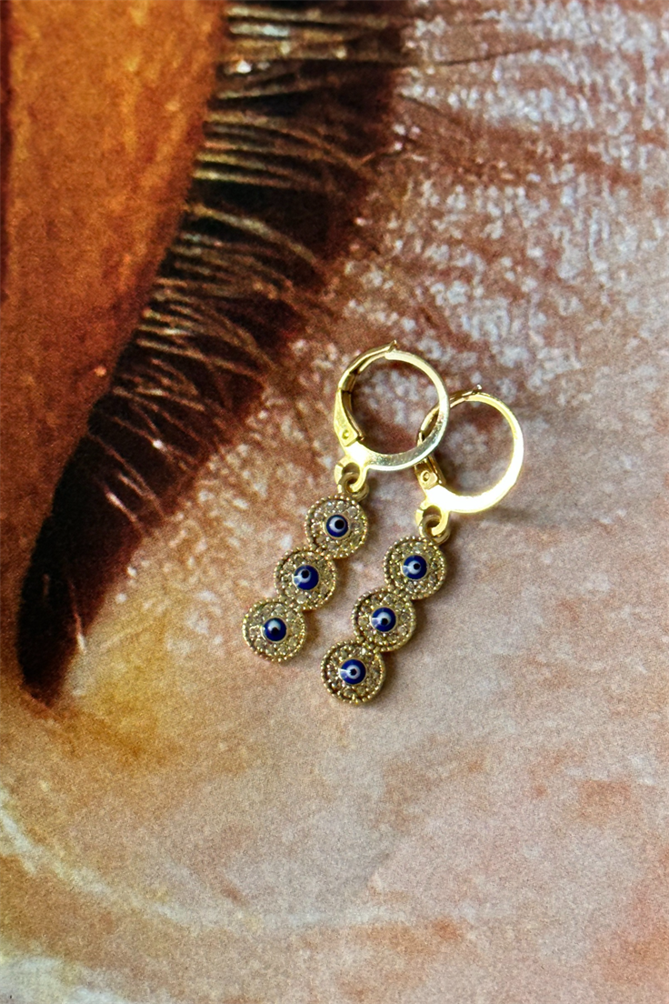 Lacivert Mineli Üç Nazarli Küpe