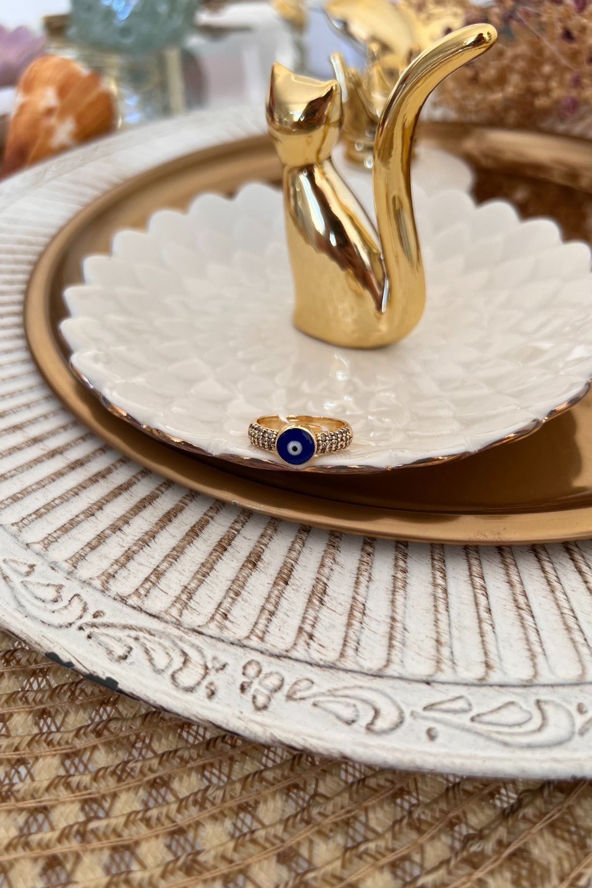 Lacivert Mineli Zirkon Taşlı Nazar Yüzük Gold