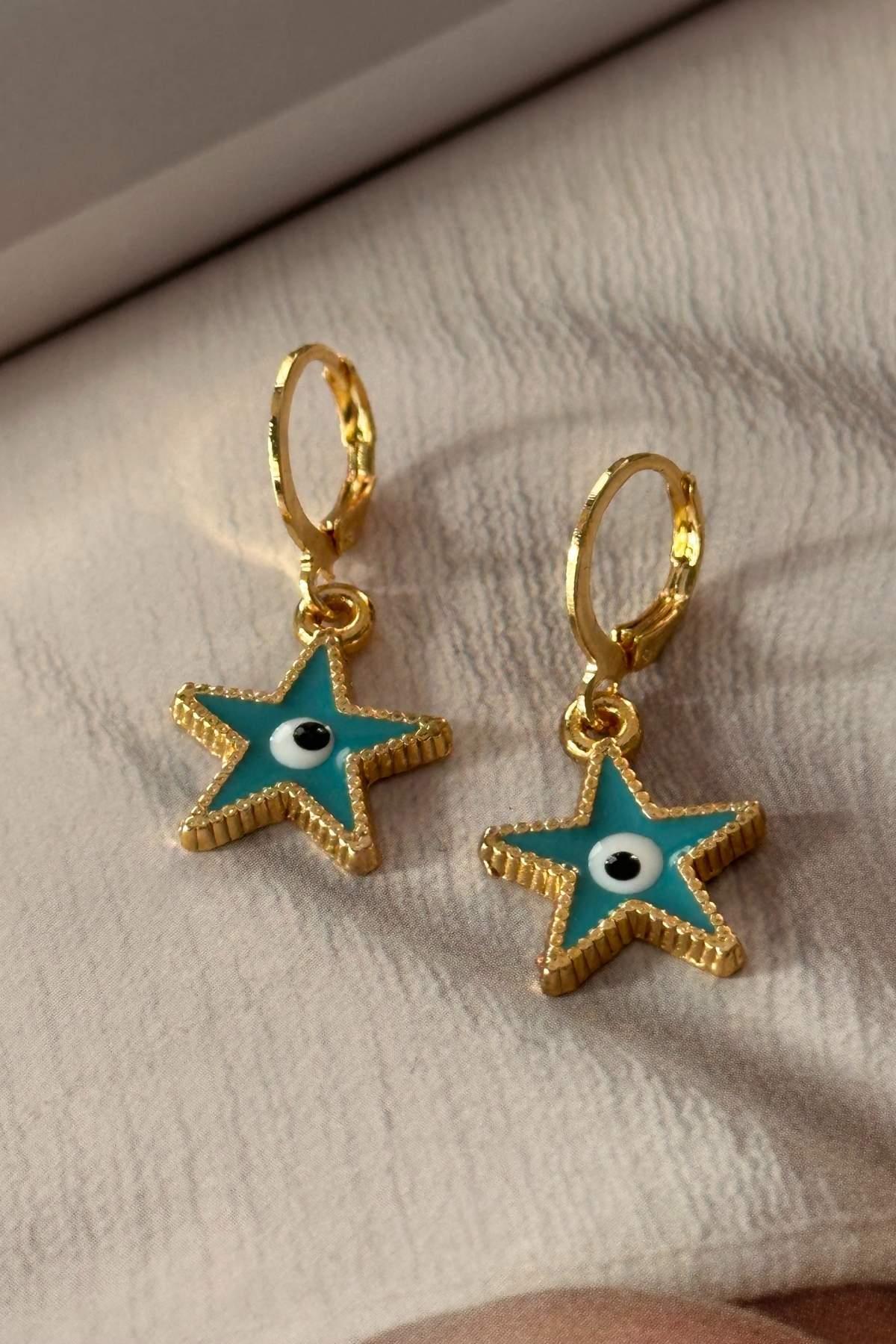 Mavi Mineli Göz Model Yıldız Küpe