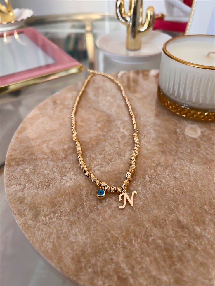 N Harfli ve Nazar Detaylı Dorika Kolye Gold