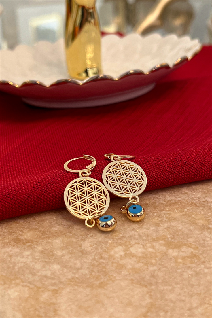 Nazarlı Yaşam Çiçeği Küpe Gold