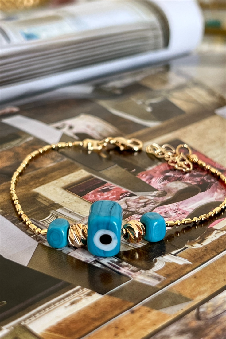 Nostalji Boncuk Dorika Toplu Zincir Bileklik Gold