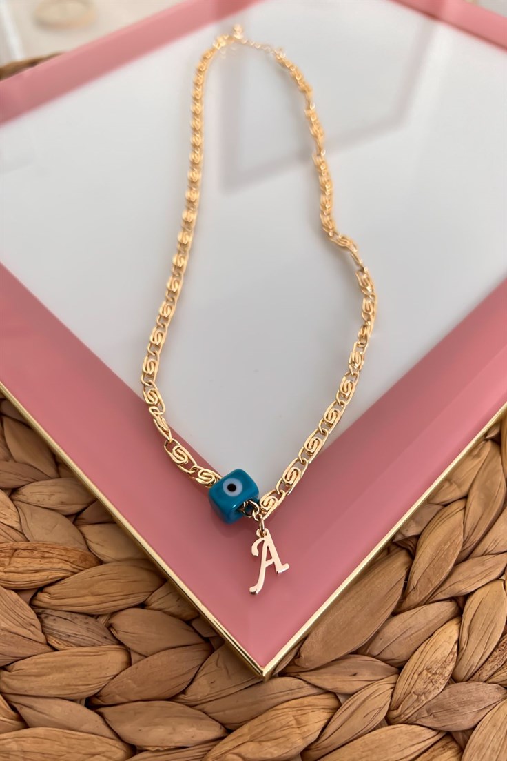 Nostalji Boncuklu A Harfli Ezme Zincirli Kolye Gold