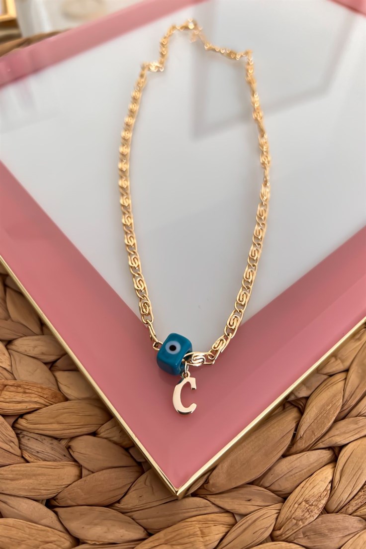 Nostalji Boncuklu C Harfli Ezme Zincirli Kolye Gold
