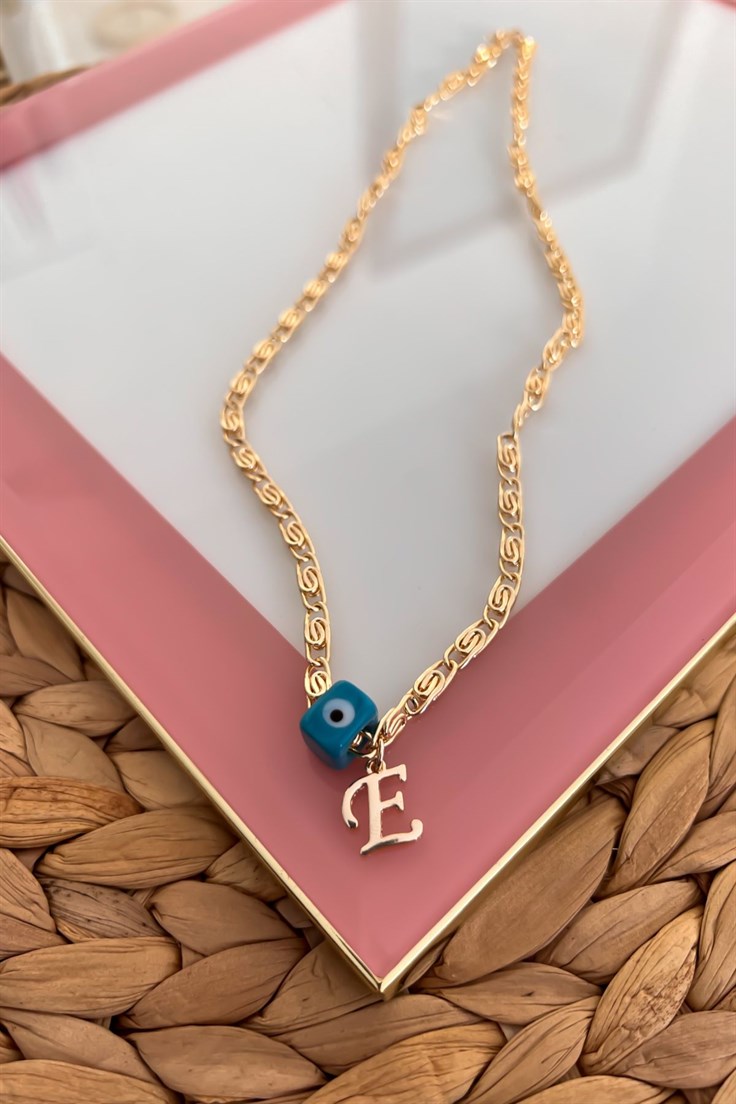 Nostalji Boncuklu E Harfli Ezme Zincirli Kolye Gold