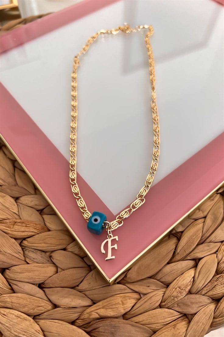 Nostalji Boncuklu F Harfli Ezme Zincirli Kolye Gold