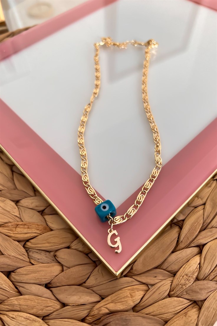 Nostalji Boncuklu G Harfli Ezme Zincirli Kolye Gold