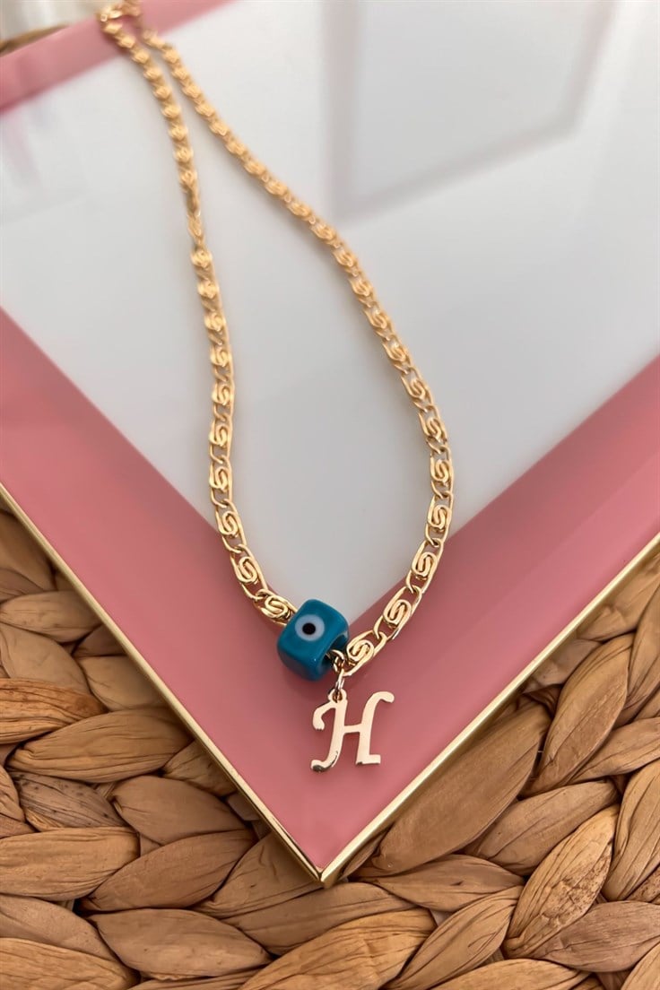 Nostalji Boncuklu H Harfli Ezme Zincirli Kolye Gold