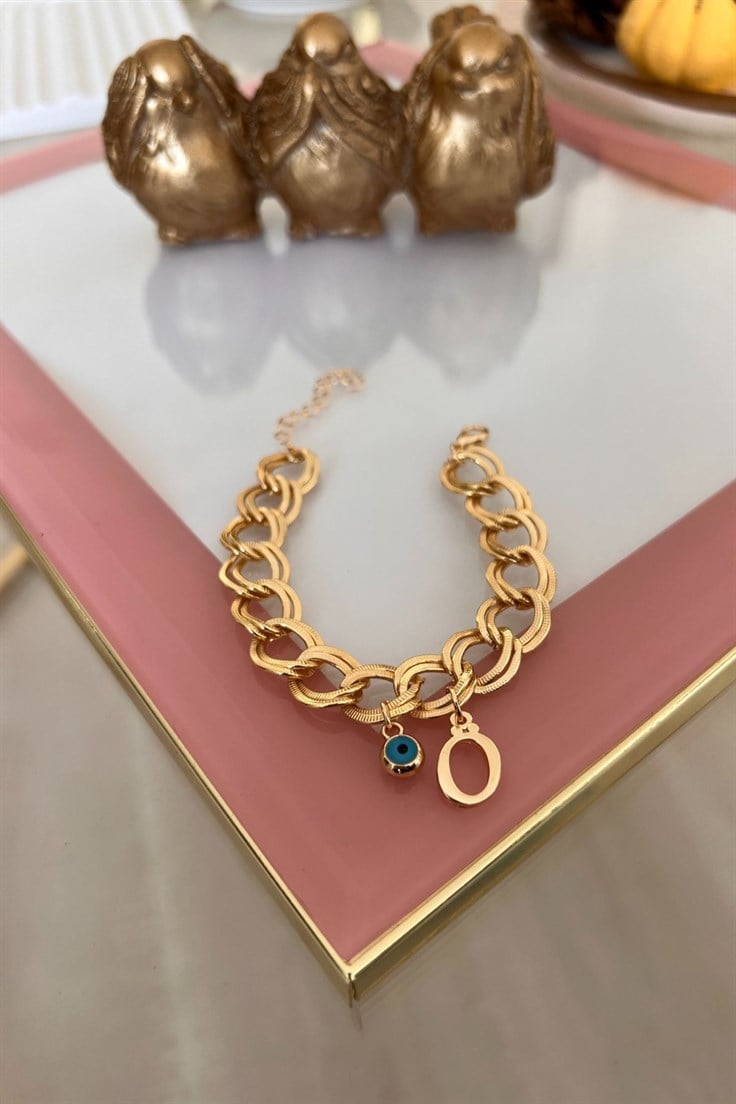 Ö Harfli Nazar Sallantılı Çift Zincir Bileklik Gold