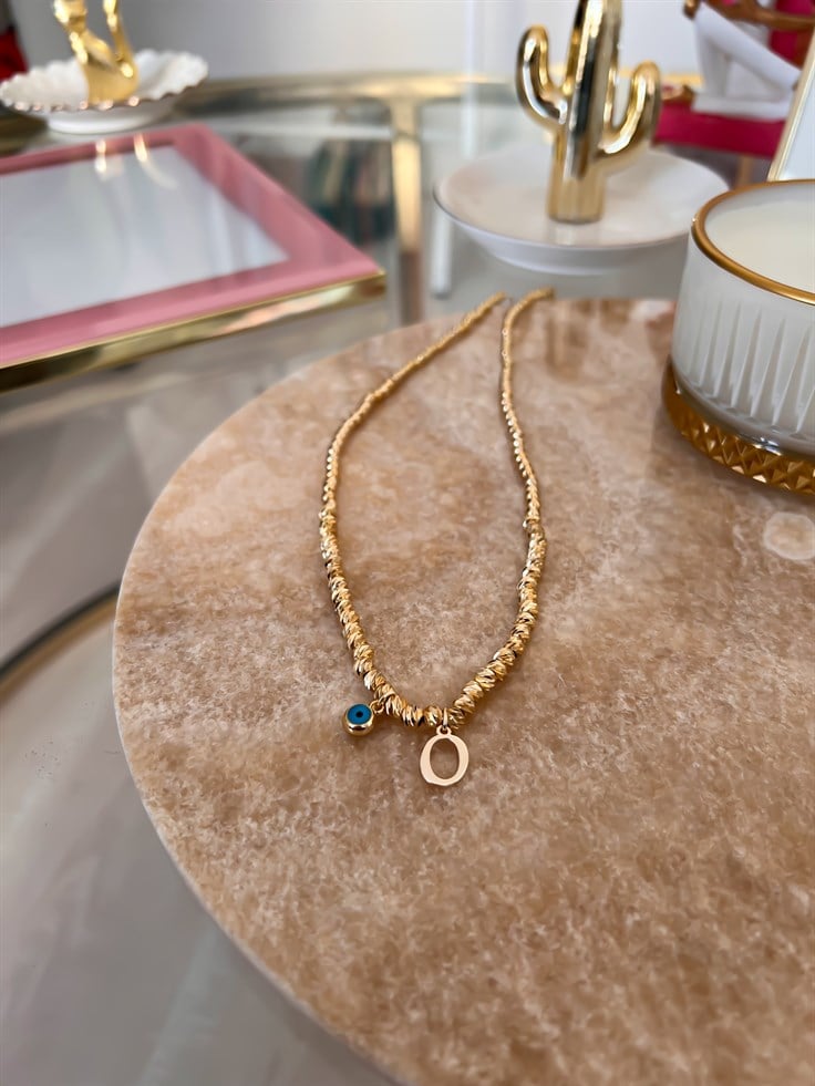 O Harfli ve Nazar Detaylı Dorika Kolye Gold