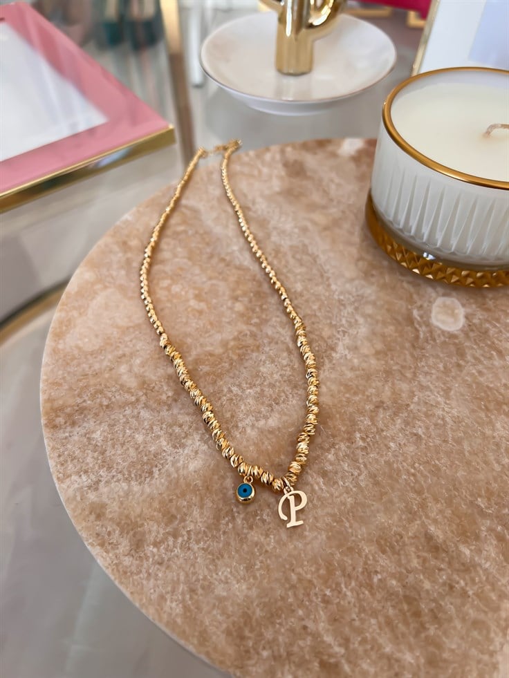 P Harfli ve Nazar Detaylı Dorika Kolye Gold