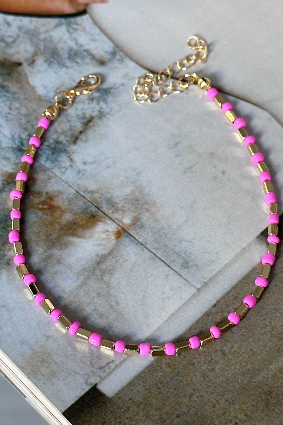 Pembe Boncuklu Gold Çubuk Halhal