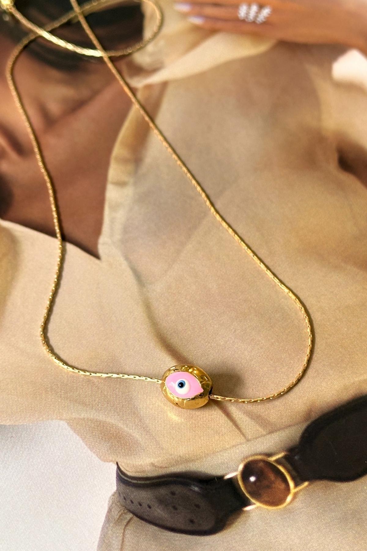 Pembe Mineli Göz Model İnce Zincirli Kolye