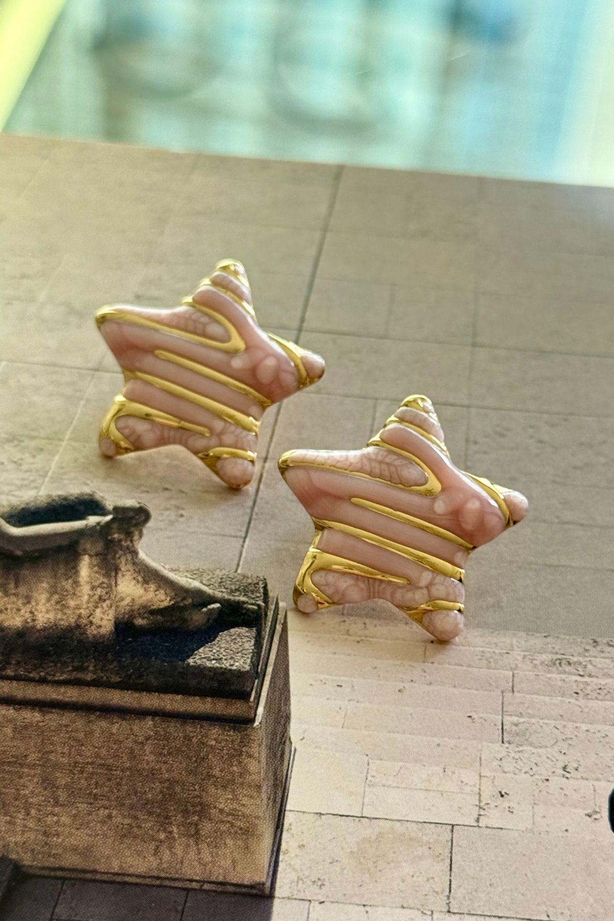 Pembe Mineli Yıldız Model Yaz Küpesi