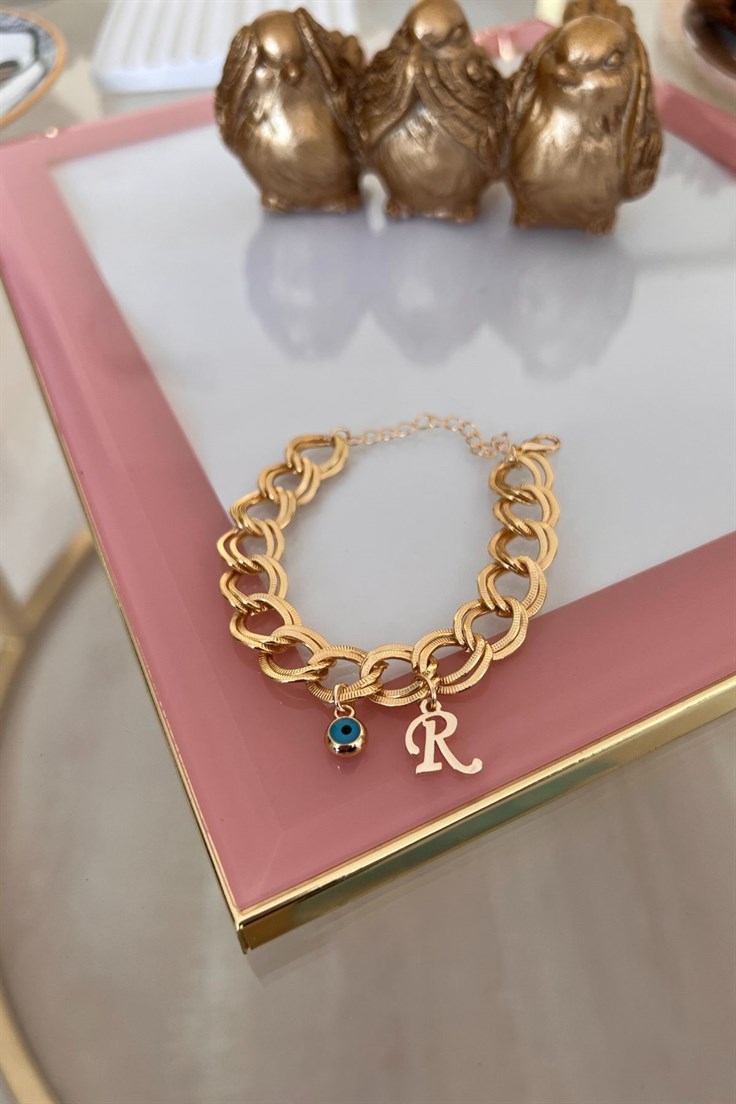 R Harfli Nazar Sallantılı Çift Zincir Bileklik Gold