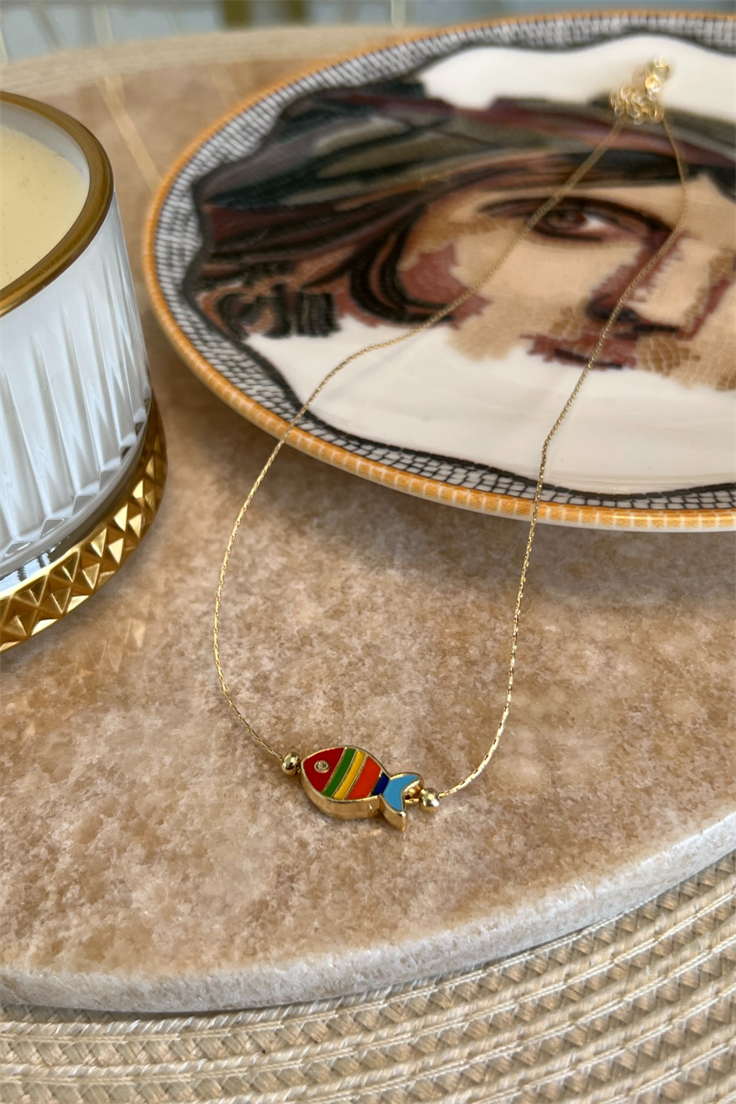 Renkli Balık Model İnce Zincirli Kolye Gold