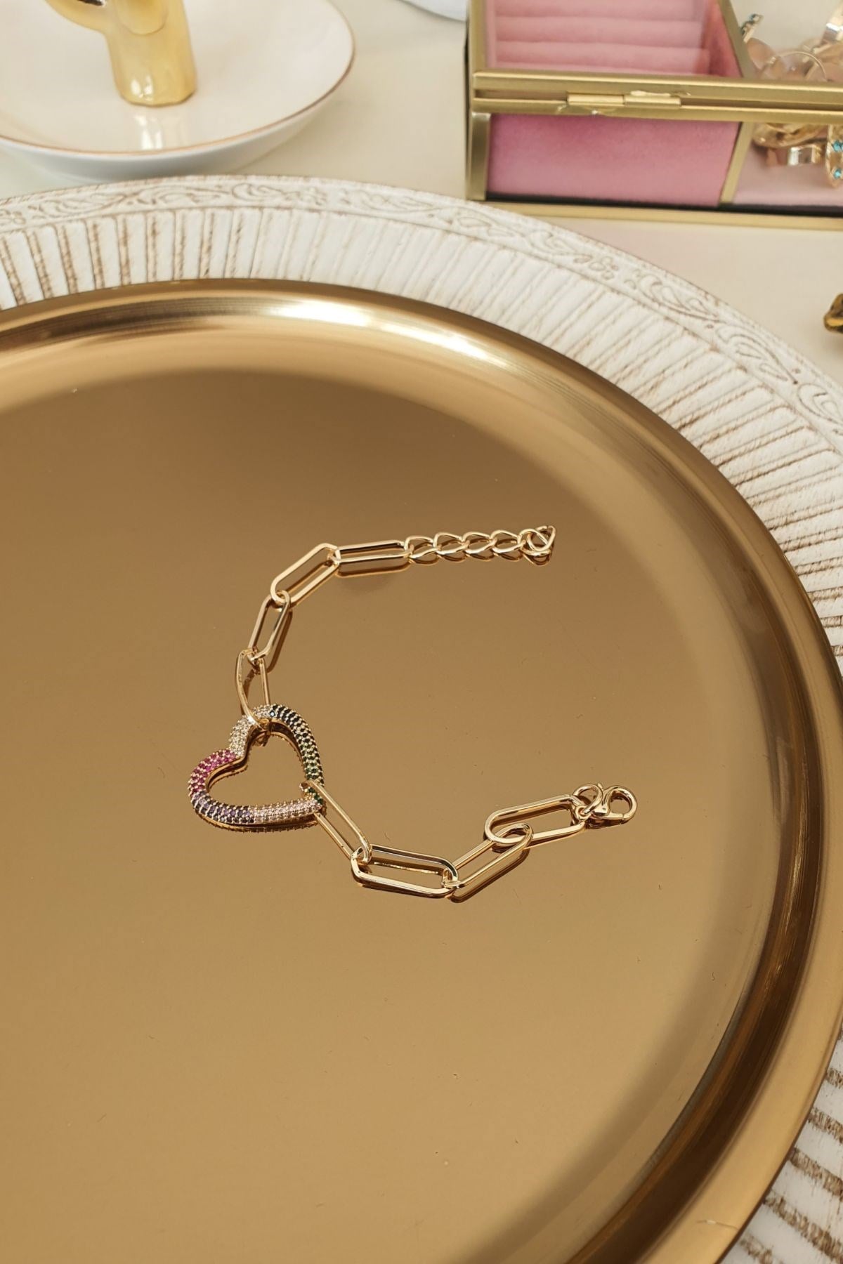 Renkli Zirkon Taşlı Kalp Model Zincir Bileklik Gold
