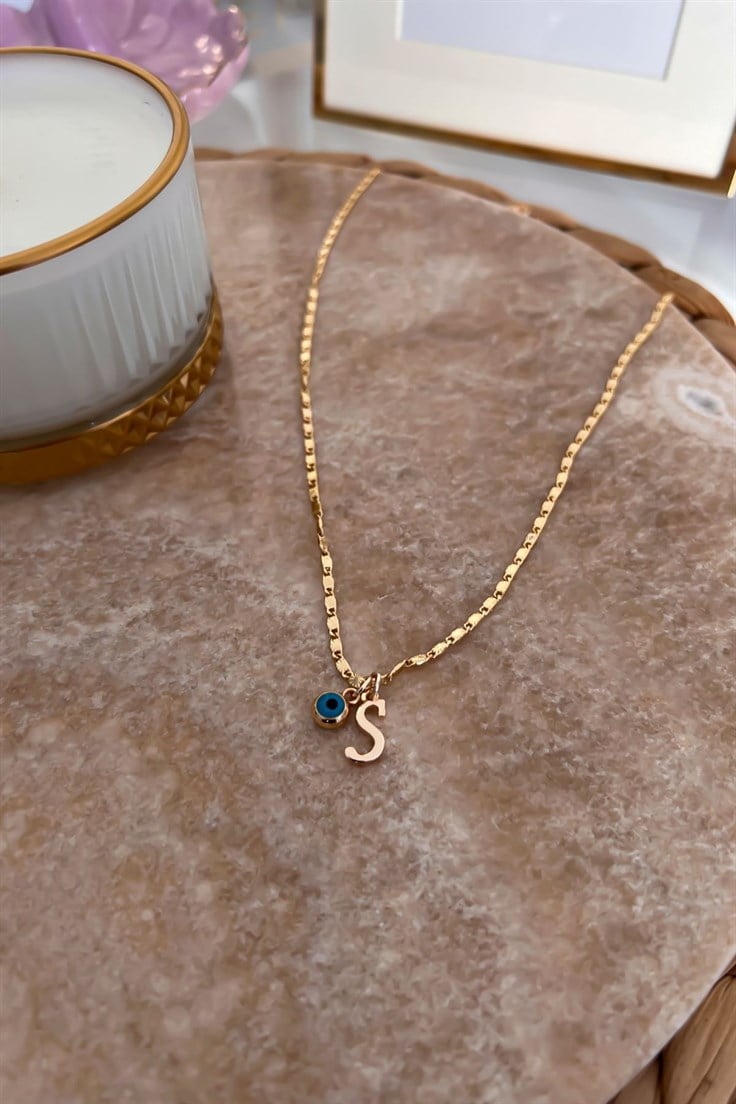 S Harfli ve Nazar Sallantılı İnce Zincirli Kolye Gold