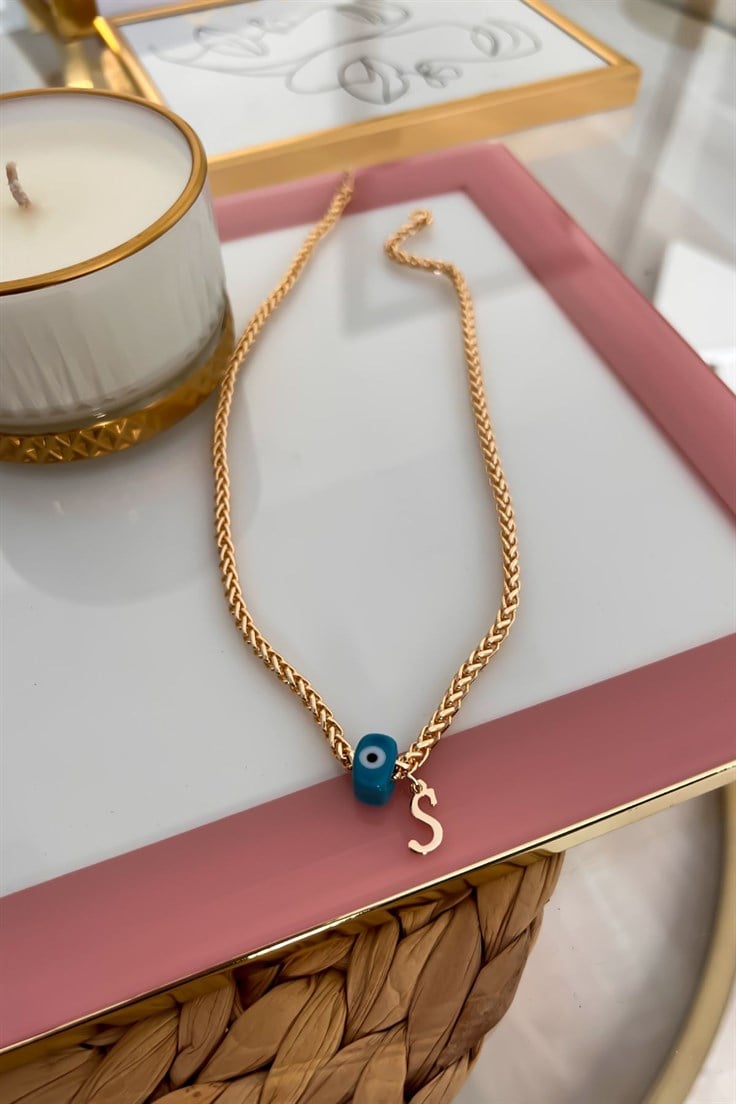 S Harfli ve Nazar Sallantılı Örme Zincirli Kolye Gold