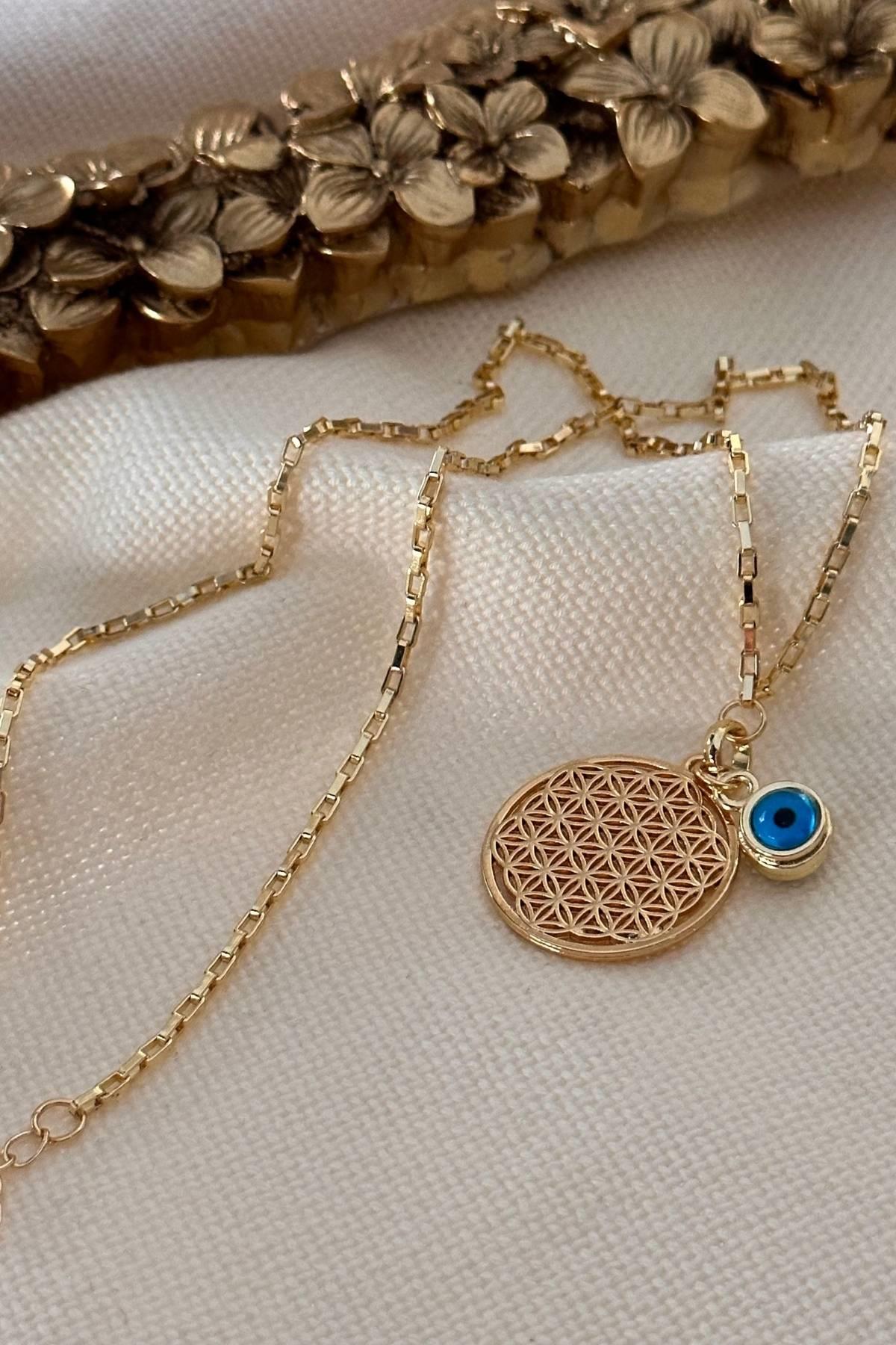 Sık Zincirli Yaşam Çiçeği ve Nazar Detaylı Kolye