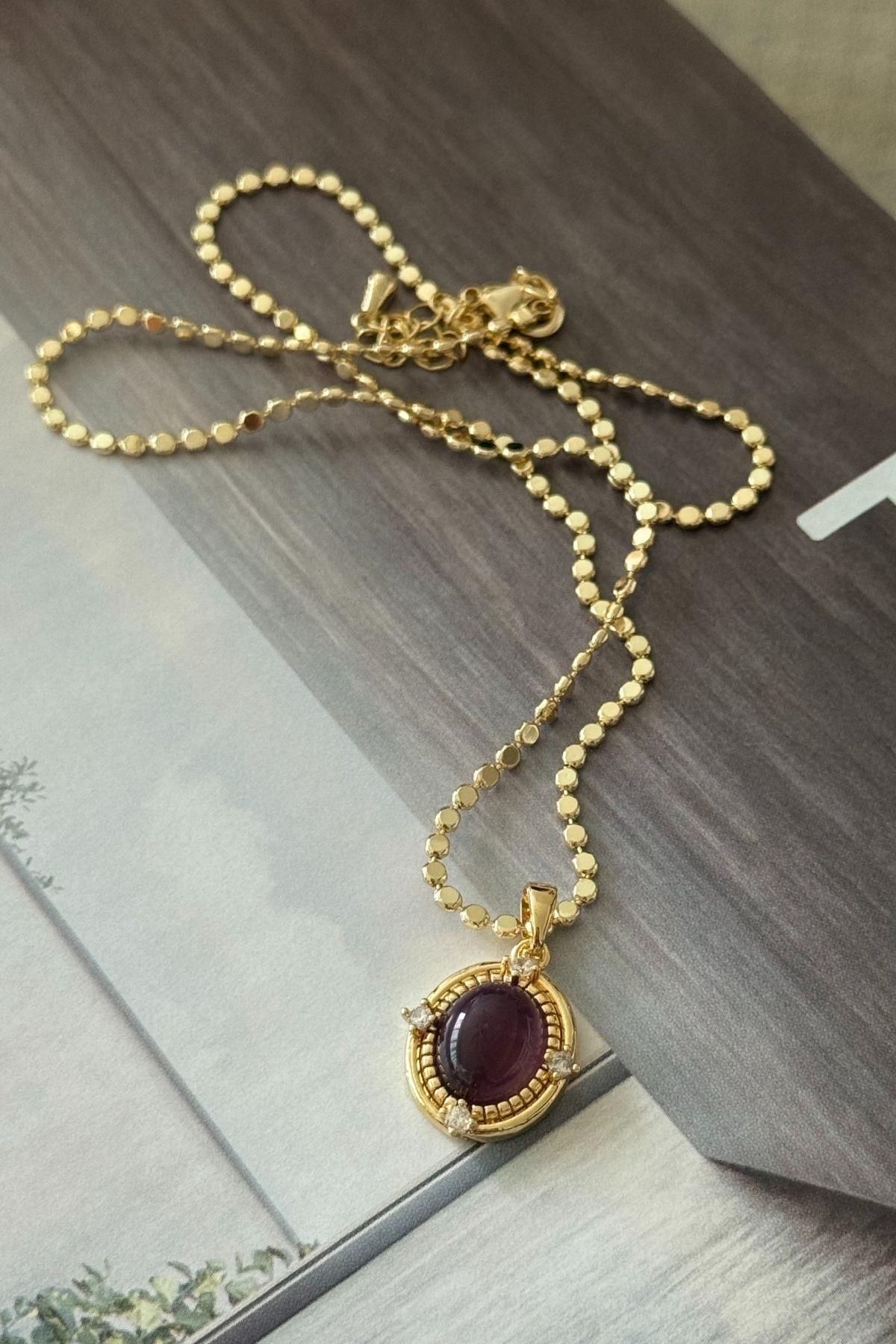 Top Zincirli Kahverengi Taşlı Kolye