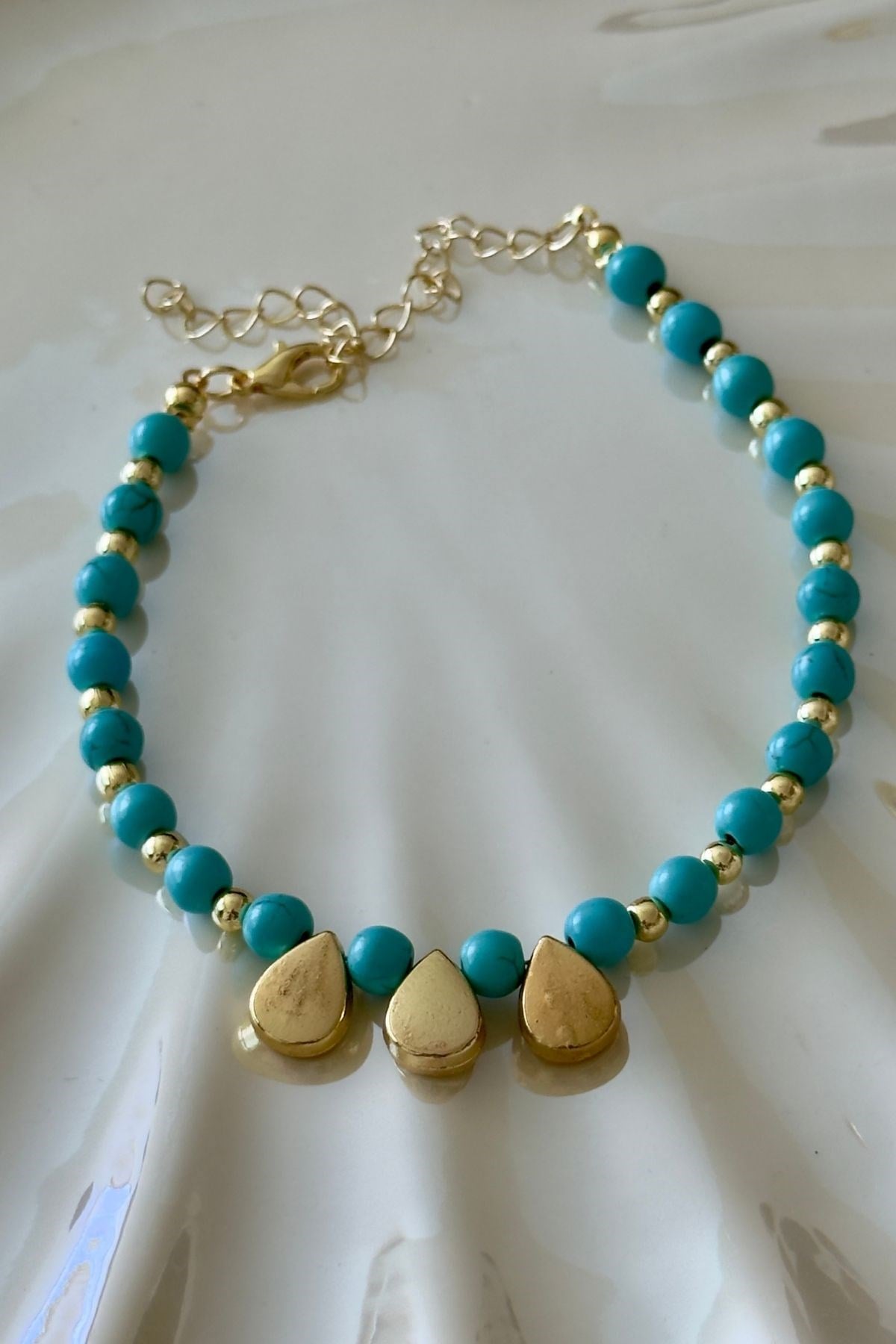 Turkuaz Boncuklu Gold Damla Model Halhal