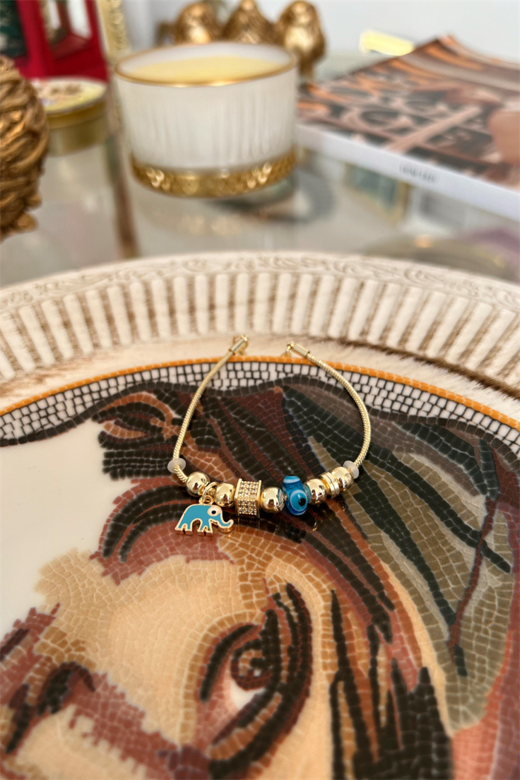 Turkuaz Fil Sallantılı Nazar Detaylı Bileklik Gold